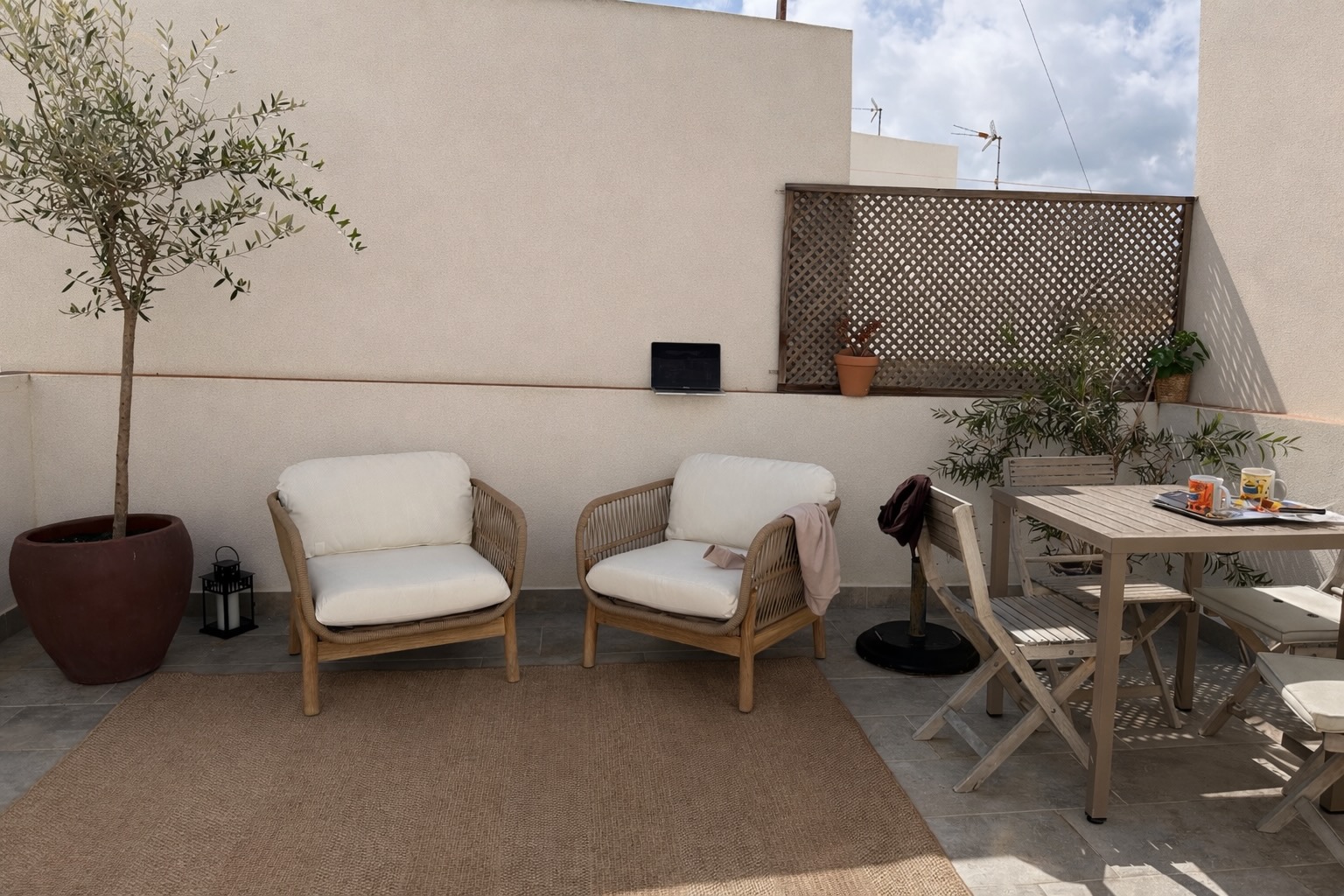 Terraza privada de Casa Carlota con sillones, olivo y café sobre la mesa