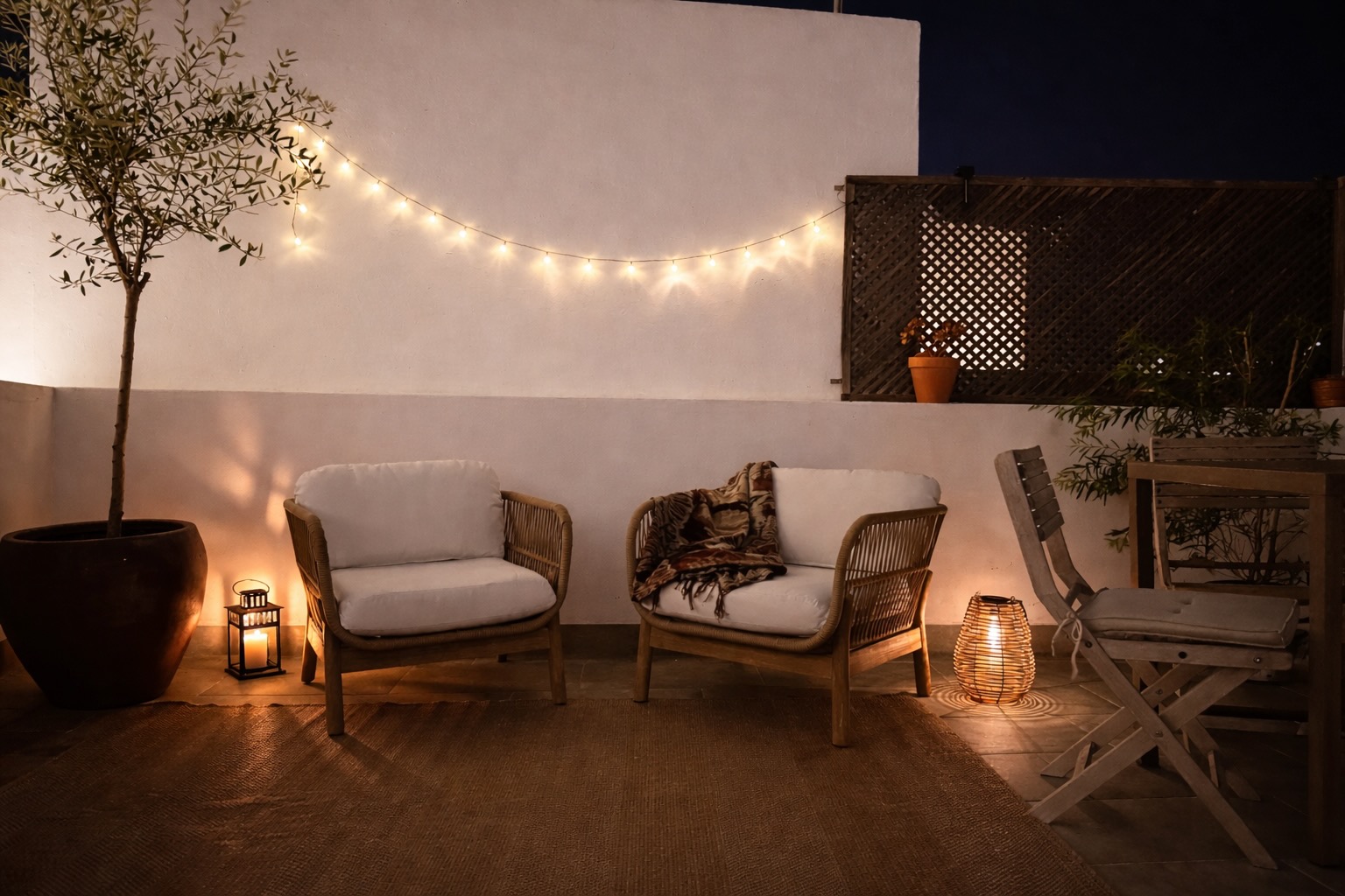 Terraza privada de Casa Carlota por la noche con luces cálidas