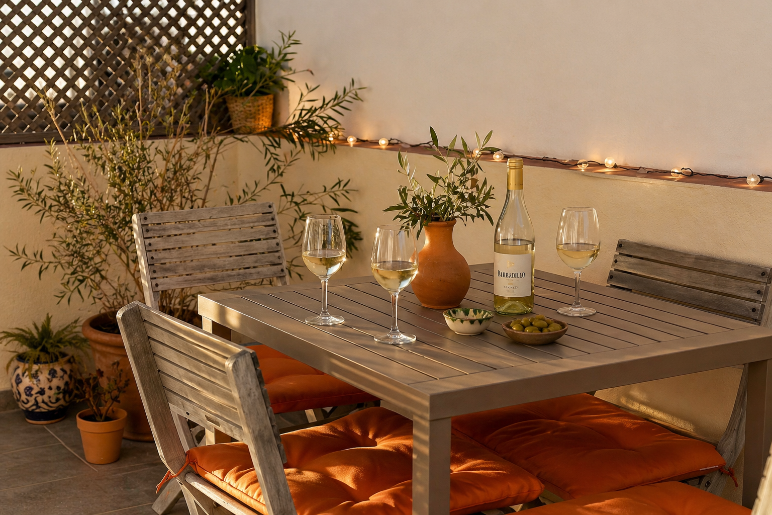 Terraza vino y olivas · Casa Carlota Conil